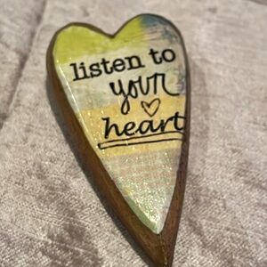 Kelly Norbert Wooden Heart Pin “Listen to your heart” Brooch